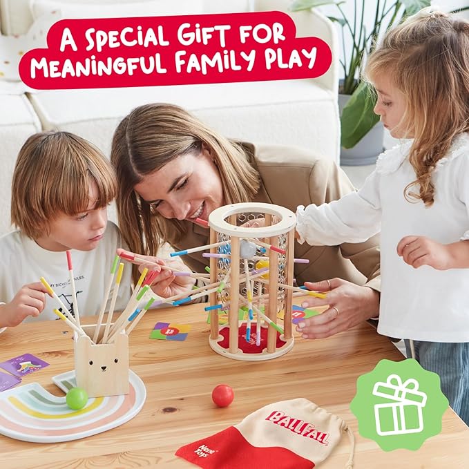 Nene Toys BALLFALL Jumbo – Montessori Wooden Board Game for Kids 3 4 5 6 Years – Colorful Sticks, Dice & Cards – Fine Motor Skills Toy, Math & Counting Game – Educational Gift for Boys Girls Ages 3-9