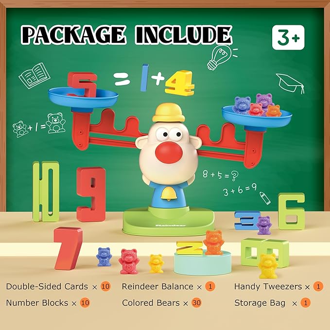 Bmag Balance Math Toys, 3 in 1 Counting Stacking and Balancing Math Learning Game for Kids, STEM Learning Activities Educational Toys with 30 Bears, 10 Numberblocks, 1 Tweezers, 11 Activity Cards