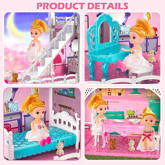 Dollhouses, Dreamhome Furniture Pink Girl Toys, 2 Stories 3 Rooms Dollshouse with 2 Princesses Slide Accessories, Toddler Playhouse Gift for for 3 4 5 6 7 8 9 10 Year Old Girls Toys