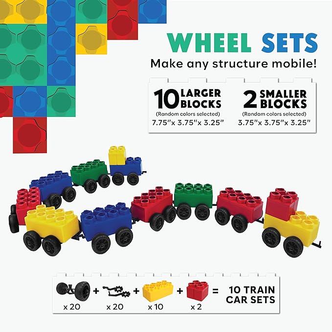 Big Building Blocks - Blocks and Wheels - Toddlers and Kids Ages 4-8 - Large Indoor Outdoor Games - 10 PC Wheel Set