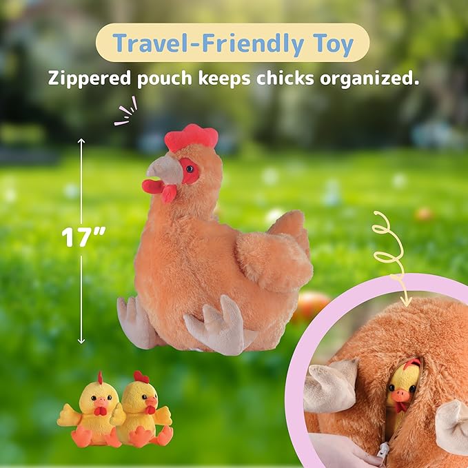 PREXTEX Hen Toy with Two Plastic Easter Eggs and Cute Baby Chicks Inside - Big Mommy Hen Plush with Chicks Zippered in Eggs - Adorable Chicken Plushies for Kids 3-5 Years Old