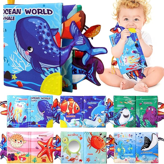 Baby Books Toys,Touch and Feel Crinkle Cloth Book for Infant Baby 0-18 Months Sensory Book for Babies,Teething Toys Tummy Time Crinkle Book for Infant Babies,Newborn Stocking Stuffers