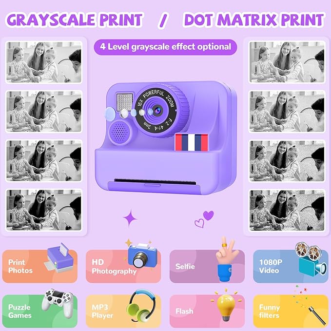 Instant Print Camera for Kids - Christmas Birthday Girls Gifts for Age 3 4 5 6 7 8 9 10 Year Old, 2.4 Inch Screen Kids Instant Camera, Toddler Camera Toys for Age 3-12 with 32 GB SD Card