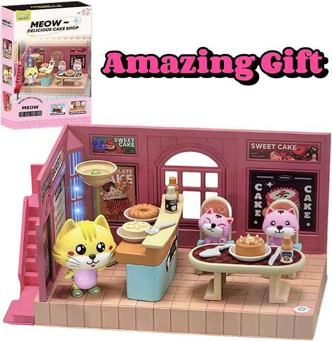 Koko's Cat Town DIY Miniature House Kit,Tiny House Cake Shop Building Kit,Dollhouse for 3 and up, Dollhouse Building Kit with Cats,Cat Toys Gift for Teens Kids Ages 3+