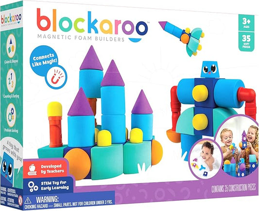 Blockaroo Magnetic Foam Building Blocks - 35-Piece Castle, Bath Toys for Toddlers, Preschool Toys, Bathtub Toys, Sensory Toys, Blocks for Toddlers 3-5, Engineering Toys for Kids 3-5, Bath Blocks