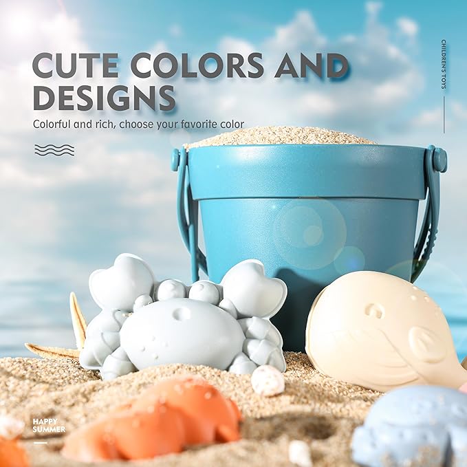 MarcZero 11Pcs Silicone Beach Toys,Modern Baby Beach Toys,Travel Friendly Beach Set,Eco Friendly Toy,Silicone Bucket, Shovel, 8 Sand Molds, Beach Bag,Silicone Sand Toys for Toddlers, Kids (Dark Blue)