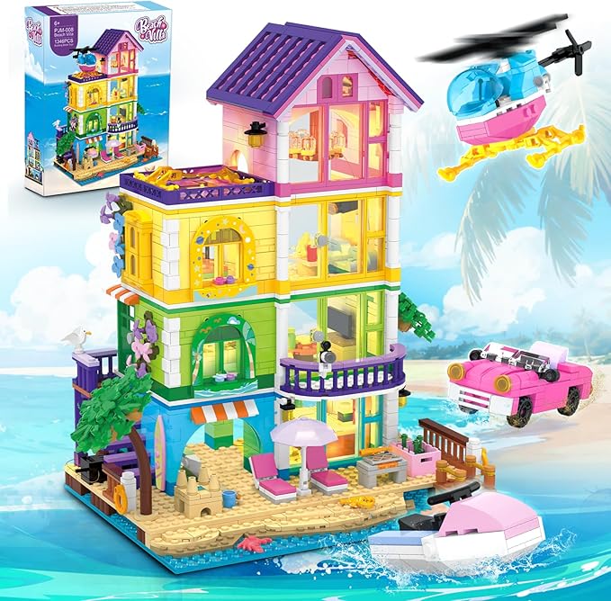 Beach House Building Set with Light, NO Compatible with Lego Friend House for Girls Age 8-12, 1346PCS Mini Bricks Seaside Villa, Creative Holiday Cottage Building Kits, for Girl 8-14