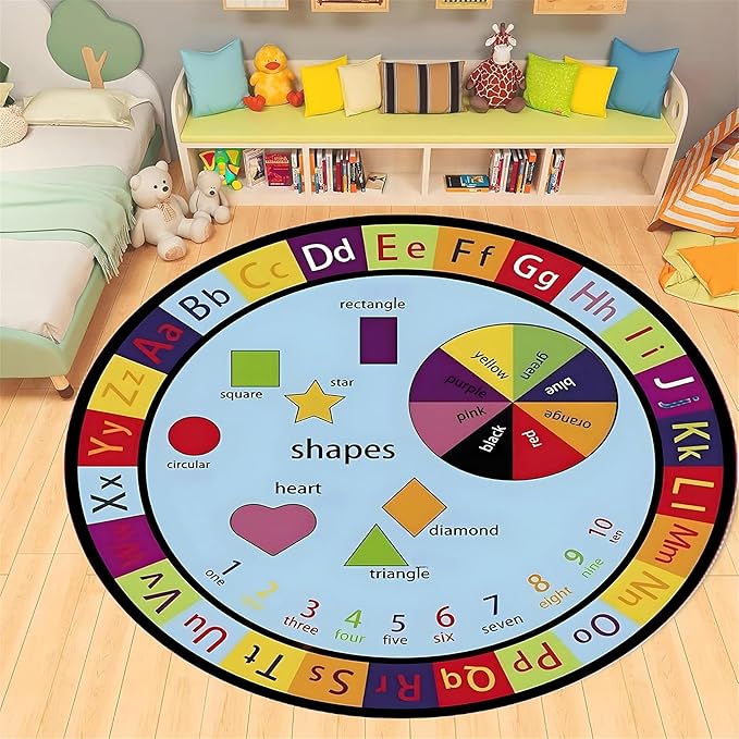 Round Kids Rug,4ft,ABC Letters and Numbers Early Learning Rug, Rug for Kids to Learn Colors and Shapes, Suitable for Classroom Playroom, Soft Non-Slip Floor Mat, Boys Girls Bedroom Decoration