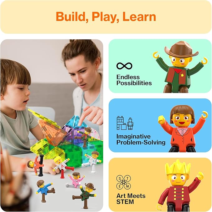 PicassoTiles Magnetic Figure Playset 15 PCS Rotatable Characters Toys for Kids Add On Set for Building Block Tiles Toddlers Sensory Pretend Play Travel Gift