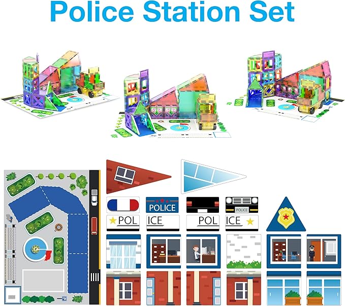 PicassoTiles 3-in-1 Theme Set School Hospital Police Station Magnet Self Adhesive Backing Stick-On Sheet Combo w/Car Magnet Building Block Playset STEM Learning Construction Brain Development Kit