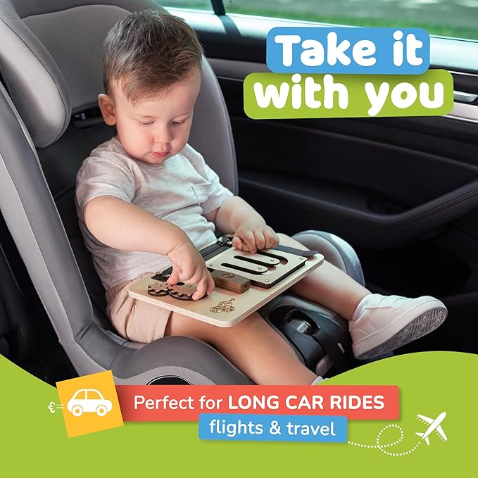 deMoca Sensory Busy Board for Toddlers, Premium Wooden Toddler Busy Board for 1 2 3 Year Old with 10 Educational Activities for Fine Motor Skills, Fidget Activity Toy for Travel Toy