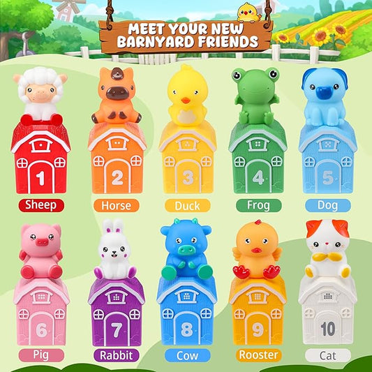 Montessori Toys for Toddlers, 20Pcs Farm Animal Toy Counting, Matching, Sorting Preschool Learning Toy Barn including 10 Barns,10 Finger Puppets and 2 Stickers Birthday Gift for Baby Boys Girls