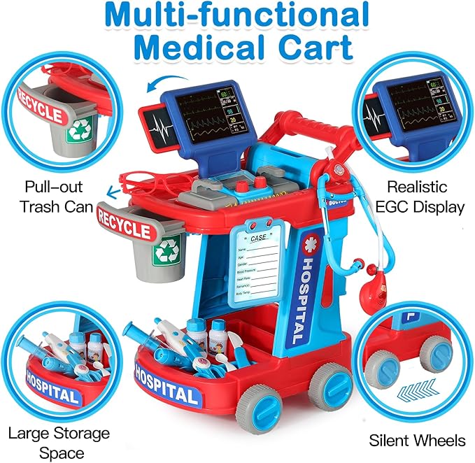 Doctor Kit for Toddlers 3 4 5, Kids Doctor Cart Toy with Costume & Stethoscope, Medical Pretend Role Play Set for Girls Boys Christmas Birthday Gift