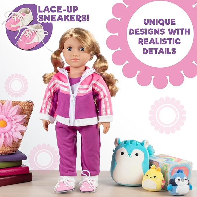 Gymnastics Doll Outfit for 18" Dolls (4 Piece Set) -Sports Premium Costume Handmade Clothes and Accessories Include Leotard, Warm-Up Pants & Jacket, Sneakers-Sports Apparel for Doll, Gift for Girls