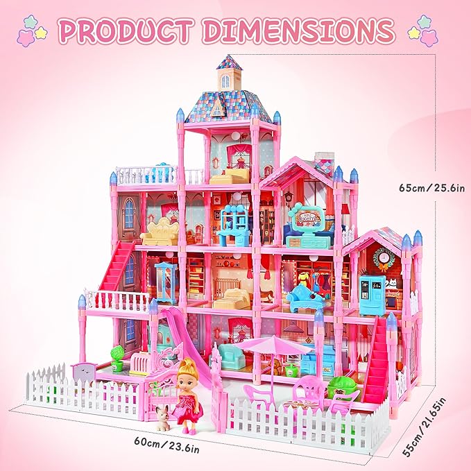 13 Rooms Doll House for Girls, DIY Play House Toys with Dolls Figure, Puppies,Furnitures, Glow-in-The-Dark Accessories, LED Light, Kids Doll House Gift Toy for Kids Ages 3 4 5 6 7 8+