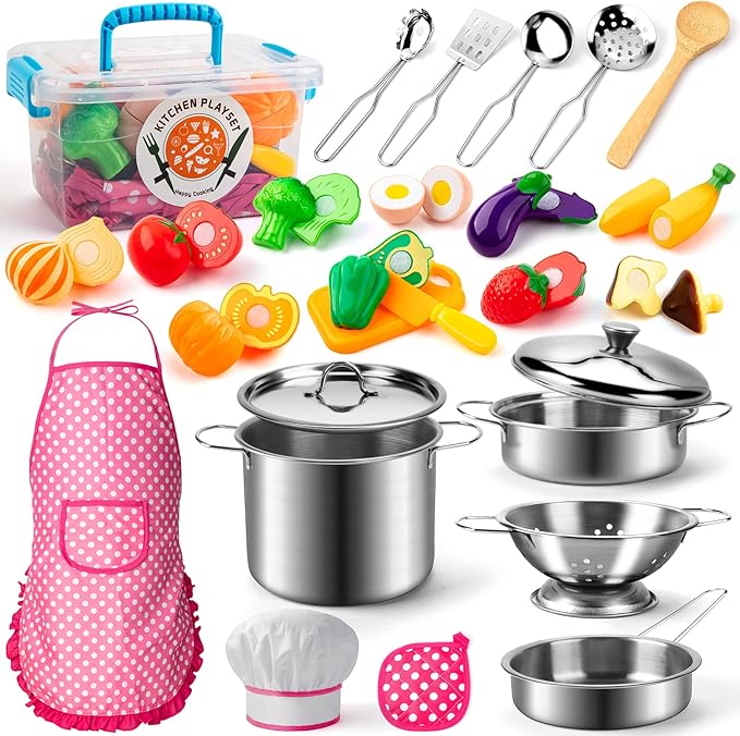 Tigerhu 26PCS Play Kitchen Accessories, Kitchen Pretend Play Cooking Toys w/ Stainless Steel Cookware, Apron & Chef Hat,Pots and Pans Set, Cutting Foods, Great Learning Gifts for Toddler & Boys Girls