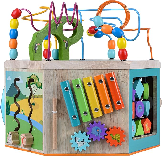 Teamson Kids Preschool Play Lab 7-in-1 Large Wooden Activity Cube Station Center Bead Maze and Counting for Kids Baby Toys, Natural