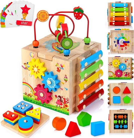 Wooden Activity Cube, 8-in-1 Montessori Baby Toys for 1+ Year Old Boys & Girls, Educational Learning Toys for Toddlers Age 1-2, 1st Birthday Gift | Bonus Sorting & Stacking Board