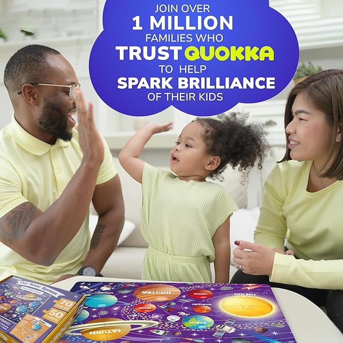 QUOKKA Solar System Puzzles for Kids Ages 4-6 - 70 Pcs Fun Kids Puzzles Ages 5-8 Preschool Floor Activities - Includes 50 Cards with 400+ Space Facts- Planet-Shaped Jigsaw Puzzle Gift for Girls Boys