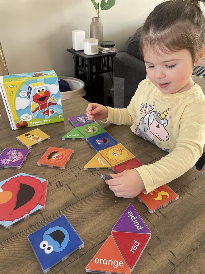 CreateOn “Sesame Street” Toys, Magnetic Kids’ Building Tiles from “Sesame Street” Books, Colors with Elmo Magnet Tiles, Educational Toys for Ages 3+, 17 Pieces