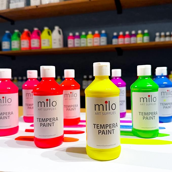 milo Fluorescent Neon Washable Paint for Kids | 8 oz Bottles 8 Colors | Made in the USA | Glows UV in Black Light | Safe & Non-Toxic Tempera Paint for Art & Craft, Poster, Window, for Children, Toddler, Classroom, School