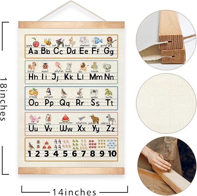 HEYJEEPER Kids Alphabet and Numbers Learning Posters,18.5x14 Inch Linen&Canvas Educational Wall Art with Wood Hanger, ABC 1-10 Chart for Toddlers Classroom Nursery Playroom Decor(Colorful-03)