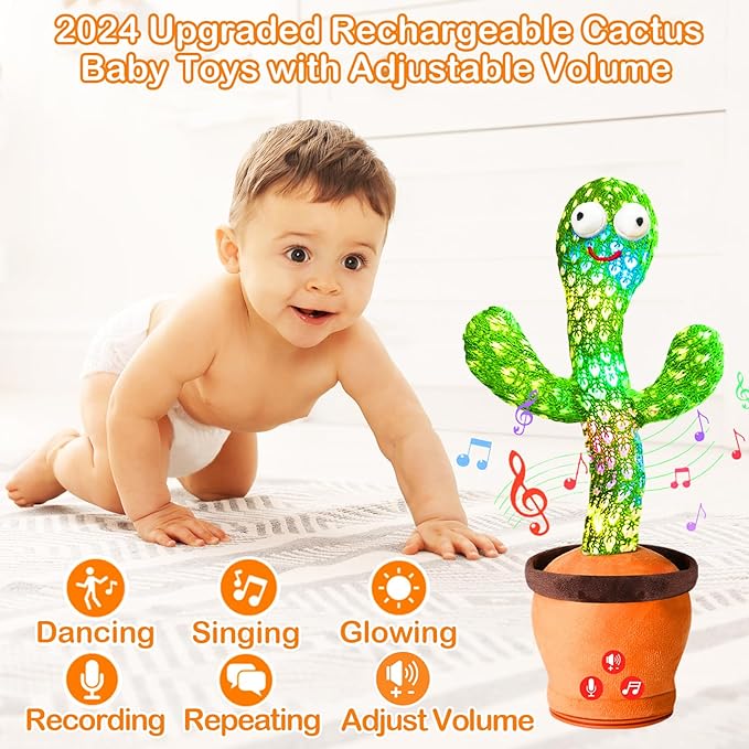 River Mill Rechargeable Dancing Talking Cactus Toy, Interactive Singing Mimicking Cactus Baby Toy, Baby Toys Gifts w/Exclusive English Songs for Babies, Stocking Stuffers for Kids, for Grandkids
