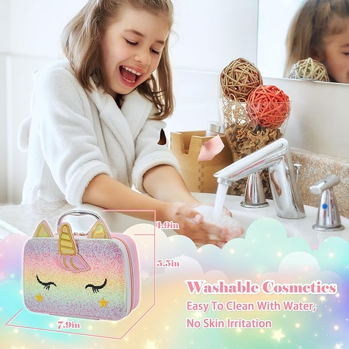 Kids Real Makeup Kit for Girls - 63Pcs Non-Toxic Washable Little Girls Make Up Toys, Princess Cosmetics Set for Toddlers to Tweens