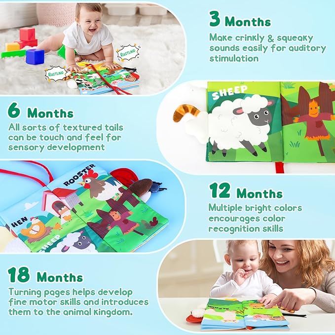 Soft Baby Book - Baby Toy - Newborn Boys Girls Shower Gift - Tummy Time Toy for Infant 0-6 6-12 Months - Touch and Feel Sensory Crinkle Book with Teether for Toddler