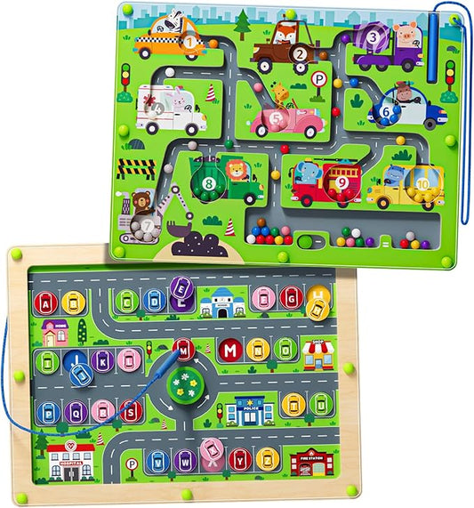 Magnetic Maze 2 in 1 Double Side Color and Number Maze Alphabet Puzzle Board for 3-5 Boys and Girls Kids Montessori Educational Toys (Car, One Size)