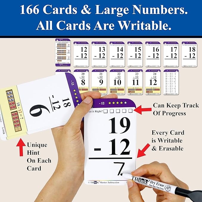 Think2Master Subtraction Flash Cards. Learn to Add & Subtract by Counting, Writing, Understanding & Memorizing. 260 Laminated Cards, 39 Triangle Cards, 2 Dry Erase Markers, 5 Rings & 30 Counters