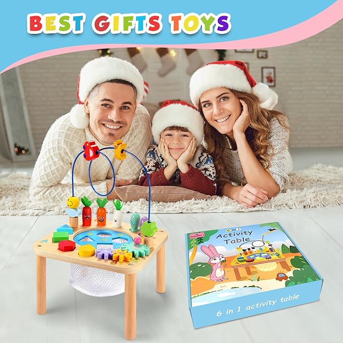 wingyz Activity Table, 6 in 1 Wooden Montessori Activity Center with Bead Maze Shape Sorter Fishing Game, Kids Sensory Play Table Toddler Toys 1st Birthday Gifts Boy Girl