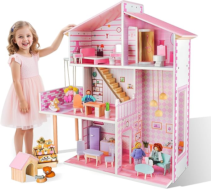 Wooden Dolls House for Toddlers Aged 3–5: Complete Set with Furniture, 4 Family Member Dolls, and a Pet Dog – Villa-Style Design for Indoor Play. Ideal Dollhouses for Children Aged 3 to 8