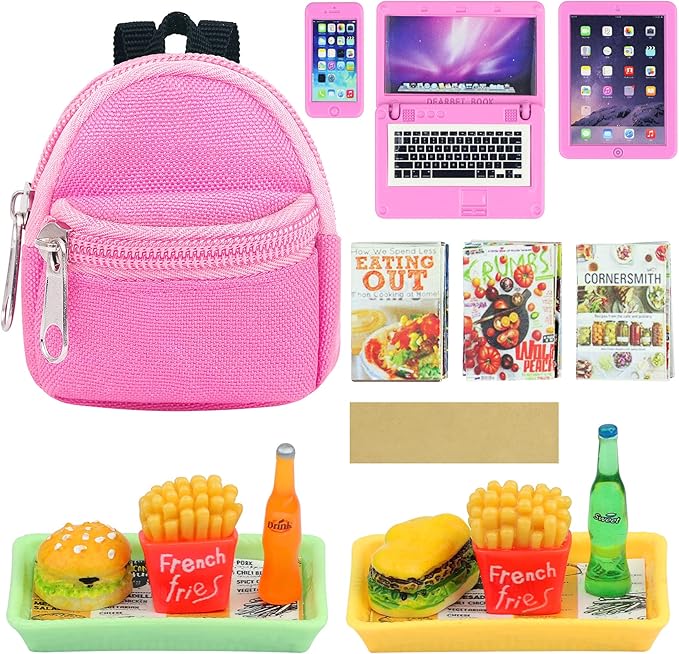 15 Pcs Doll Accessories Miniature Laptop Computer Tablet Phone Mini Backpack and Mini Food Including Burger Soda Set and Burger Hot Dog Set and Gourmet Magazine for 11.5 inch Doll