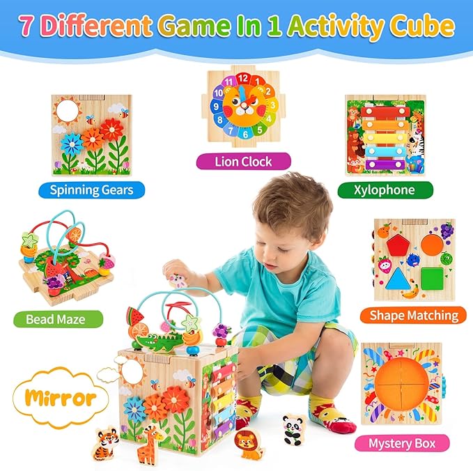 Wooden Activity Cube | Montessori Toys for 1-2 Year Old Toddlers | One Year Old 1st First Birthday Gift | Developmental Toys for 12 Months Baby Boys Girls | Bonus Sorting & Stacking Board (Pink)