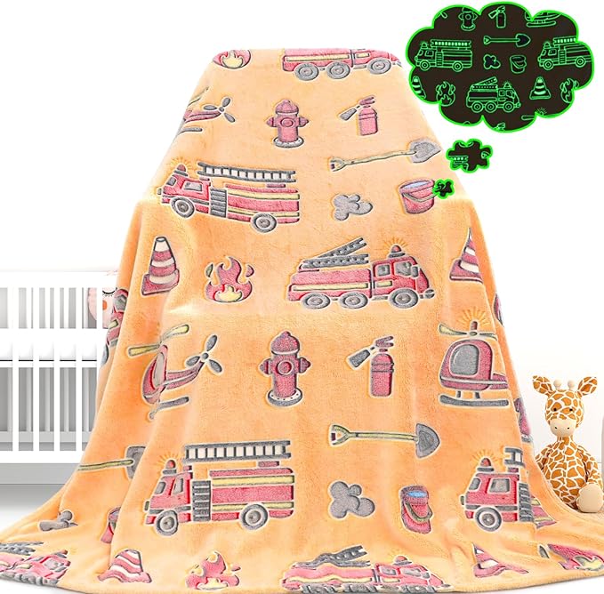 Fire Truck Blanket Glow in The Dark Blanket for Toddler Boys Gifts Toys for 3 4 5 6 7 8 9 10 Year Old Construction Blankets Firetruck Birthday Gifts for Kids