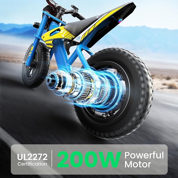 Gyroor S1 Kids Electric Balance Bike, 200W Motor 3 Speeds up to 10 MPH, 12-Inch Pneumatic Tires, 7-Color Rear Fender LED Taillight, Drum Brake, UL2272 Certified, for Ages 3-6, Blue-DCC