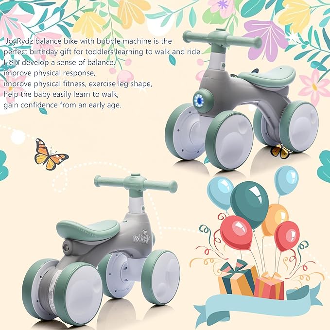 Baby Balance Bike 1 Year Old with Music, Lights, Bubble Machine, 4 Wheels Pedal-Less Toddler Ride on Toys for 12-36 Months Birthday Gift, Toddler boy Toys Ride on car (Green & Gray)