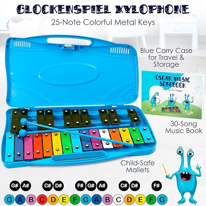 MINIARTIS Glockenspiel Xylophone | 25 Note Colorful Metal Keys Xylophone for Kids | Percussion Musical Instrument | Educational Music Toy Includes Music Songbook, Mallets and Blue Carry Case