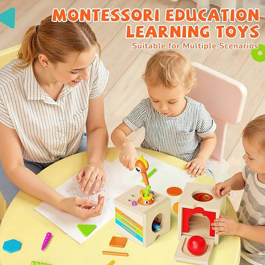 5-in-1 Wooden Activity Cube, Toddlers Montessori Toys for Baby Boys Girls, Baby Activity Center for 2+ Year Old, Woodpecker Worm Toy Magnetic Bird Feeding Game, Educational Color & Shape Sorting Toy