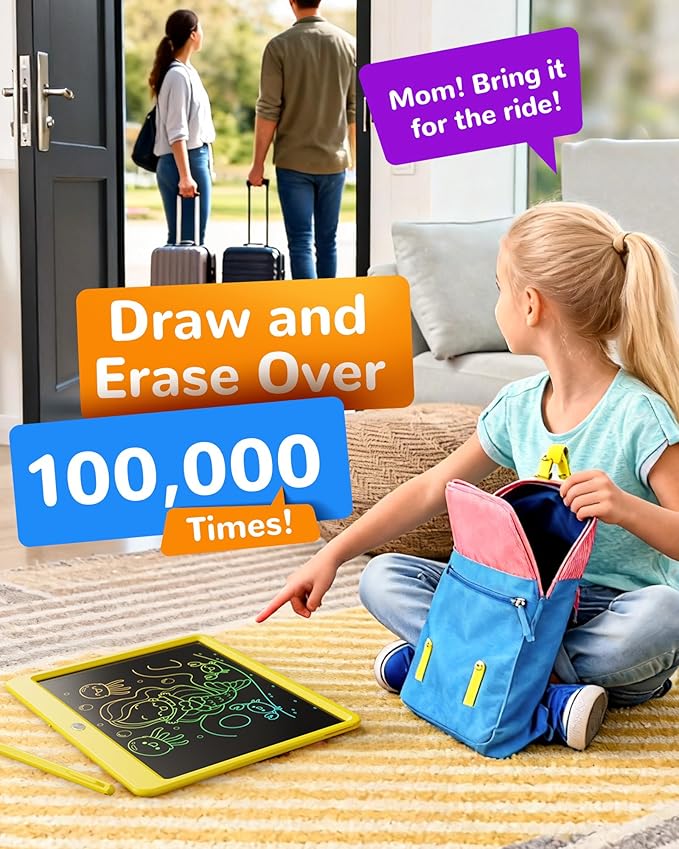 KOKODI LCD Writing Tablet, 12 Inch Colorful Toddler Doodle Board Drawing Tablet, Erasable Reusable Electronic Drawing Pads, Educational and Learning Toy for 3-6 Years Old Boy and Girls(Yellow)