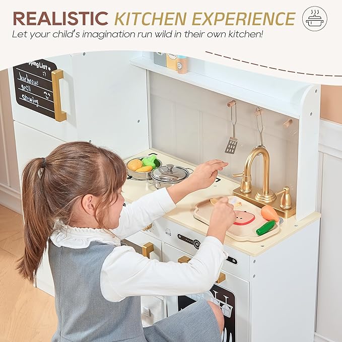 Play Kitchen Set for Kids, Wooden Kids Kitchen Playset with Real Lights & Sounds, Interactive Toy Kitchen with Felt Boxes for Storing Kitchen Utensils and Ice Maker Toy Accessories (Soft White)