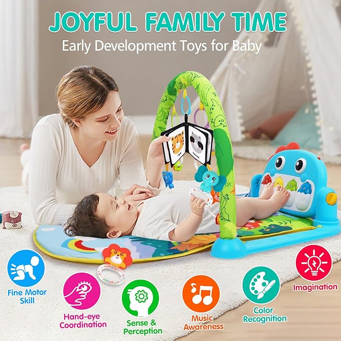 UMIKU Baby Play Mat Baby Tummy Time Mat Musical Activity Center for Infant with High-Contrast Piano Music & Light Newborn Babies Gifts for Boy Girl Babies 0-6 6-12 Months Dinosaur Style