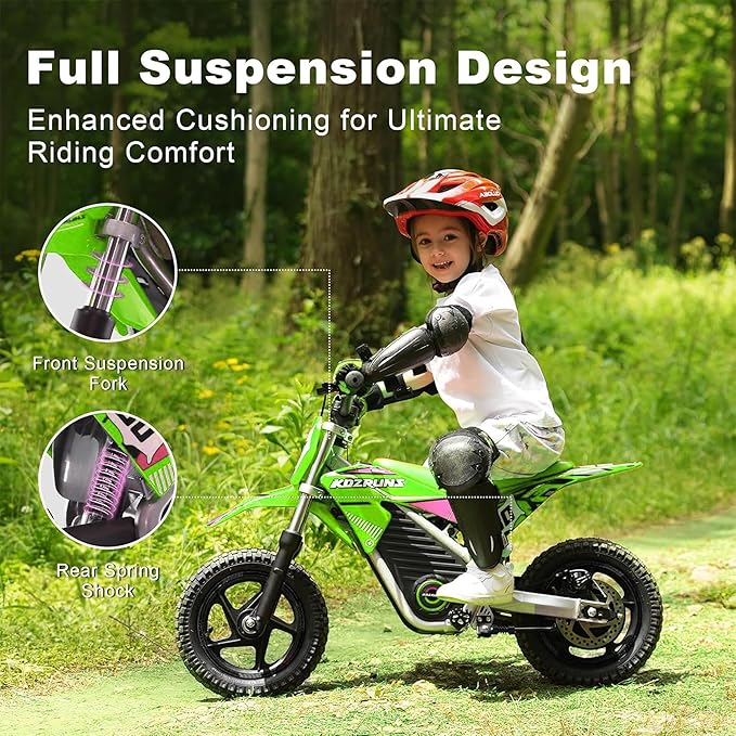 Electric Dirt Bike for Boys Girls Ages 3-8, 250W High Racing Competition Grade Motorcycle, Up to 15MPH 3 Speed Settings Balance Bike, 12IN Off-Road Tires & Advanced Shock Absorption, Green