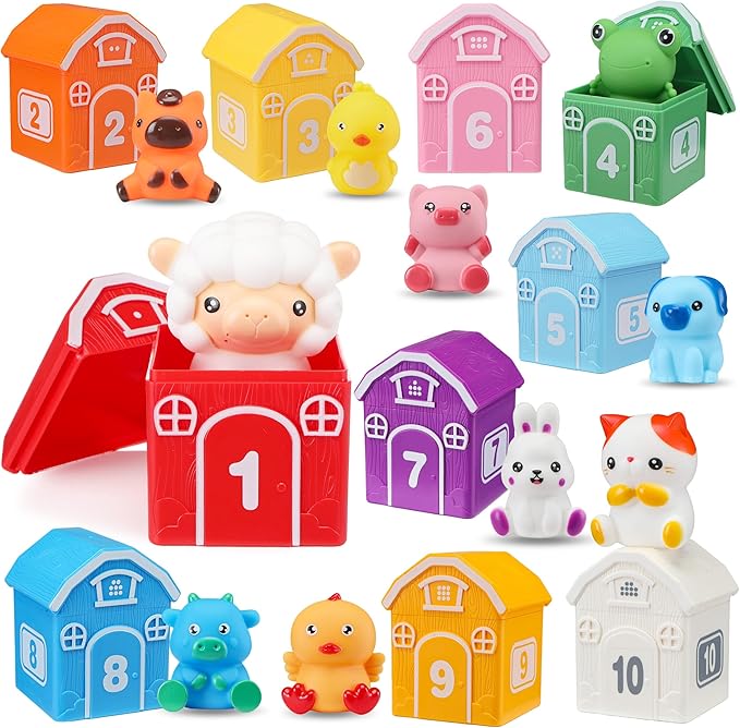 Montessori Toys for Toddlers, 20Pcs Farm Animal Toy Counting, Matching, Sorting Preschool Learning Toy Barn including 10 Barns,10 Finger Puppets and 2 Stickers Birthday Gift for Baby Boys Girls
