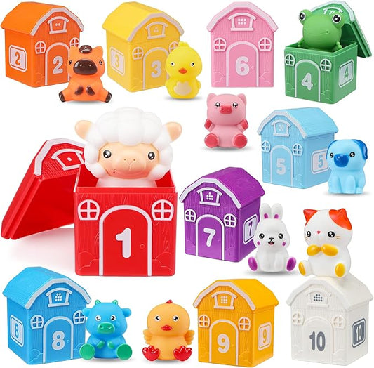 Montessori Toys for Toddlers, 20Pcs Farm Animal Toy Counting, Matching, Sorting Preschool Learning Toy Barn including 10 Barns,10 Finger Puppets and 2 Stickers Birthday Gift for Baby Boys Girls