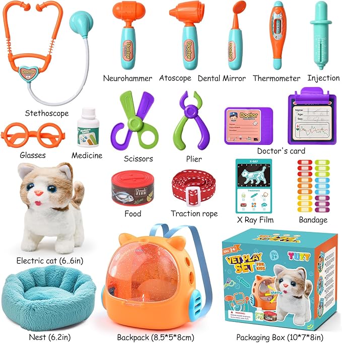 17PCS Cat Doctor Kit for Toddlers 3-5, Veterinarian Playset for Kids with Interactive Walk Meow Cat & Backpack Carrier & Nest & Medical Tool, Pet Vet Kit Pretend Play Toy Gift for Boy Girl 3-6