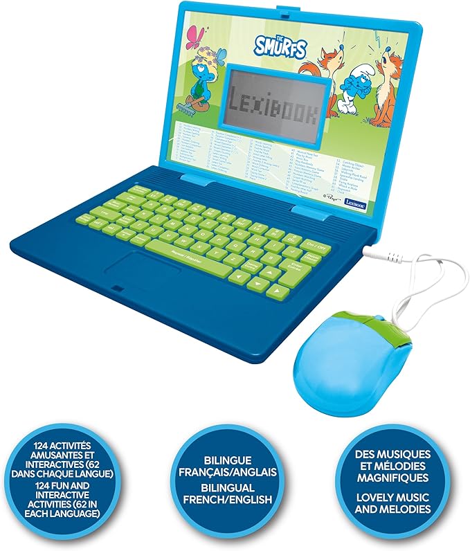 Lexibook, The Smurfs, Bilingual Spanish/English Educational Computer, Toy for Children with 124 Language, Writing, Maths, Logic, Music Activities and Games, Blue, JC598SFi2