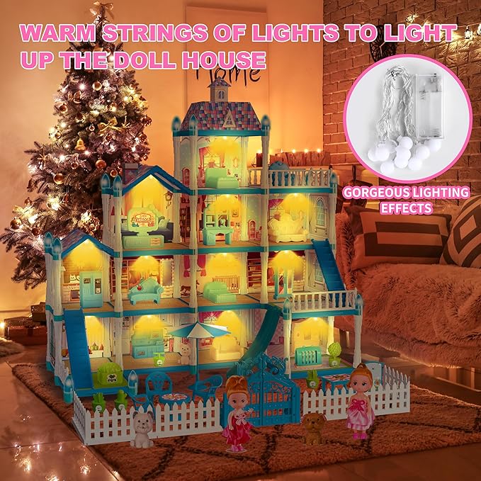 OCRETIC Doll House for Girls,13 Rooms Dollhouse with 2 Dolls, Lights, Figure, Puppies,Furnitures, Accessories, Toddler Playhouse Gift for for 3 4 5 6 7 8 9 10 Year Old Girls Toys (Blue)