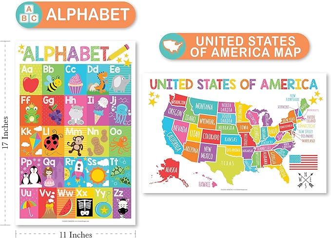 4 Alphabet, Map of United States, World Map, & Solar System Posters - Laminated ABC Charts for Toddlers Wall Decor, Colorful Posters for Kindergarten, Prek Classroom or Homeschool 11x17